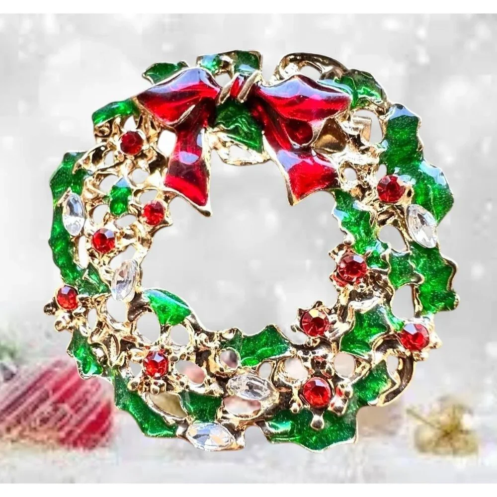 Christmas Wreath Pin Brooch New Red Green Crystal Bow Festive Holidays Nostalgic